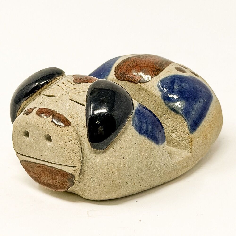 Vintage Signed Studio Pottery Pig Holder Figurine Blue Brown Folk Art Ceramic